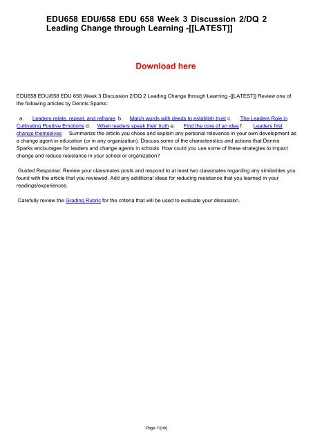 EDU658 EDU/658 EDU 658 Week 3 Discussion 2/DQ 2 Leading Change through Learning -[[LATEST]]