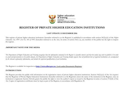 Register Of Private Higher Education Institutions