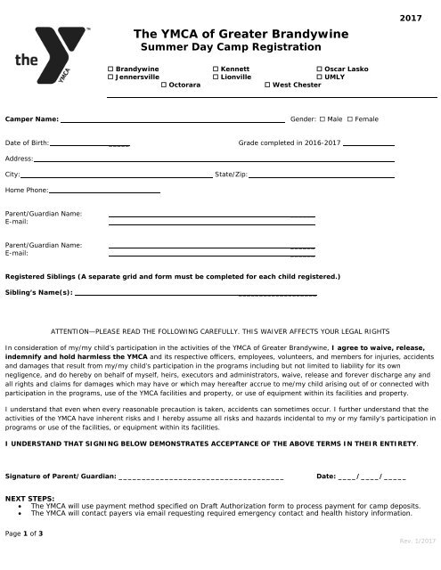 WCAY and OLY Camp Registration Form