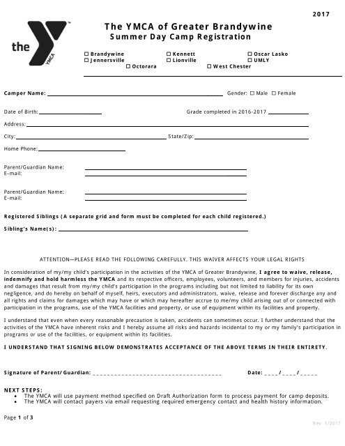 Jennersville Y Camp Registration Form