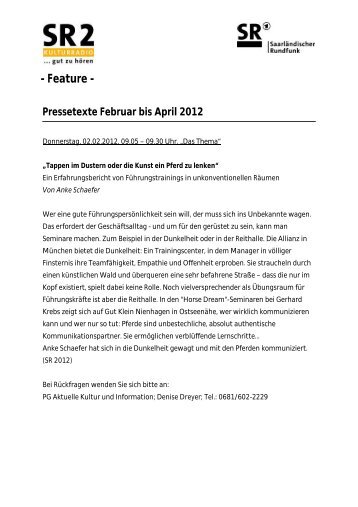 SR 2 Feature - Pressetexte Februar bis April 2012