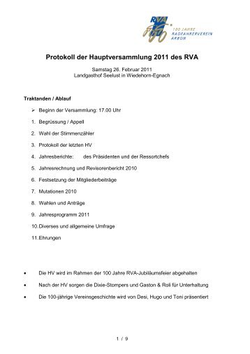 Protokoll der Hauptversammlung 2011 des RVA - Radfahrer Verein ...