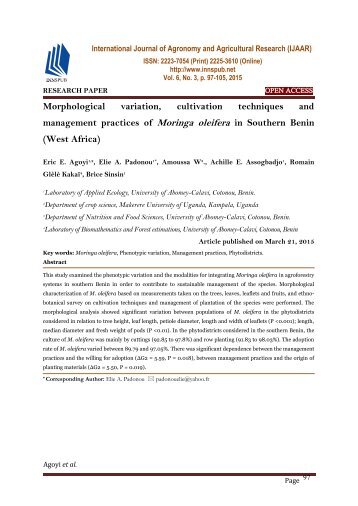 Morphological variation, cultivation techniques and management practices of Moringa oleifera in Southern Benin (West Africa)