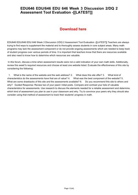 EDU646 EDU/646 EDU 646 Week 3 Discussion 2/DQ 2 Assessment Tool Evaluation -[[LATEST]]