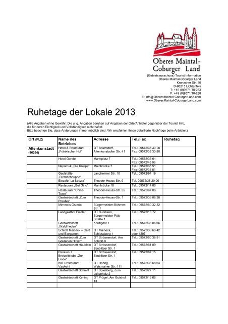 Ruhetage der Lokale 2013 - Coburger Land