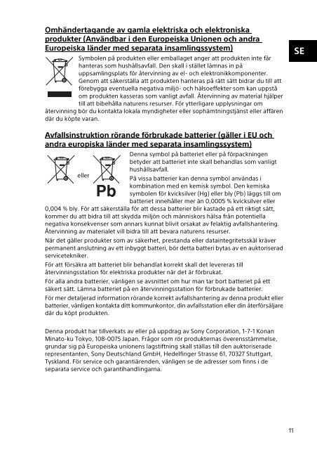 Sony SVP1121A4E - SVP1121A4E Documenti garanzia Svedese