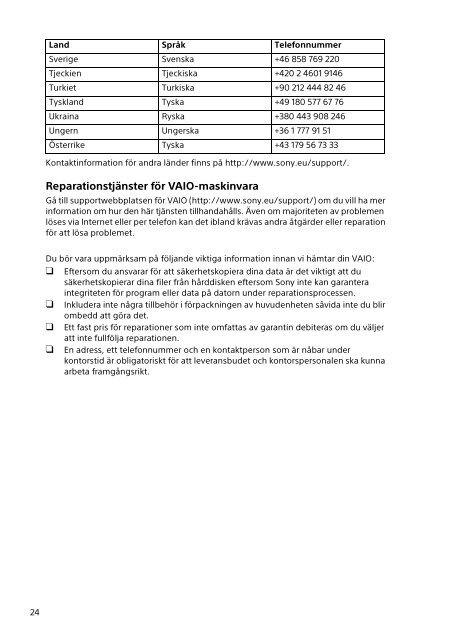 Sony SVP1121A4E - SVP1121A4E Documenti garanzia Svedese