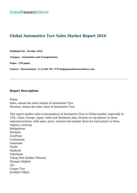Global Automotive Tyre Sales Market Report 2016