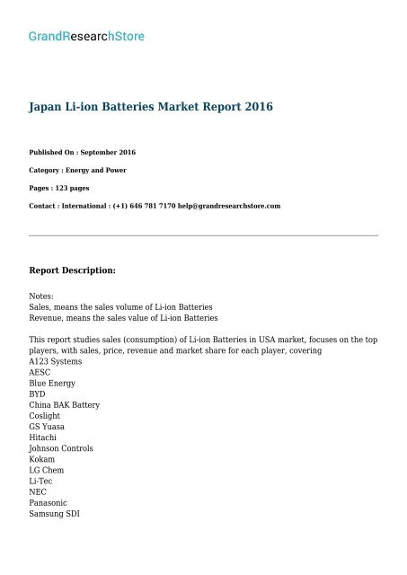 Japan Li-ion Batteries Market Report 2016