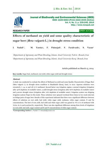 Effects of methanol on yield and some quality characteristic of sugar beet (Beta vulgaris L.) in drought stress condition