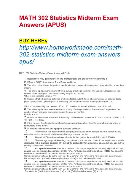 midterm 302 exam math (APUS) Exam 302 Statistics Answers MATH Midterm