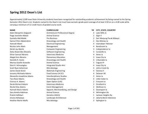 Spring 2012 Dean S List Iowa State University