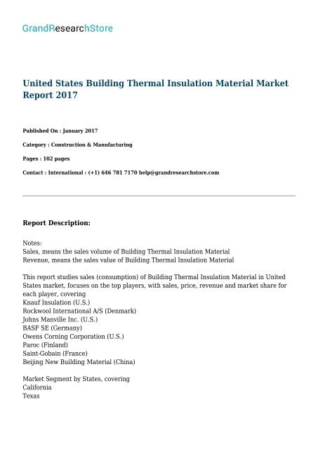 United States Building Thermal Insulation Material Market Report 2017
