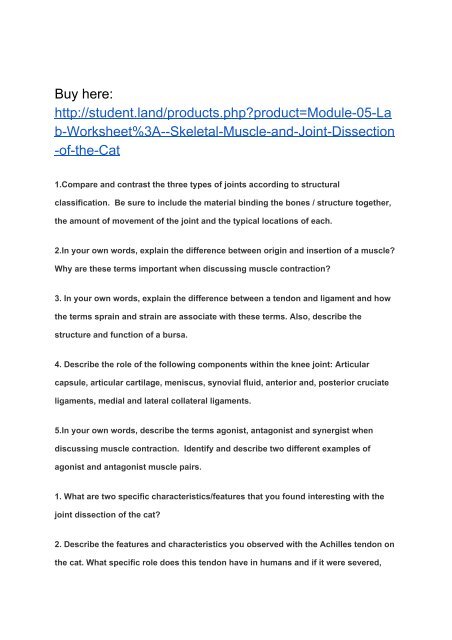 Module 05 Lab Worksheet Skeletal Muscle And Joint Dissection Of The Cat