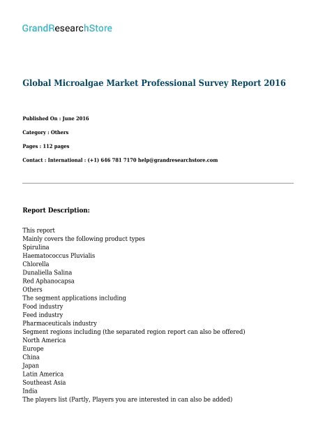Global Microalgae Market Research Report 2016