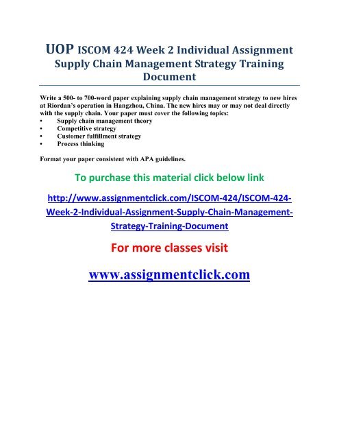 UOP ISCOM 424 Week 2 Individual Assignment Supply Chain Management Strategy Training Document