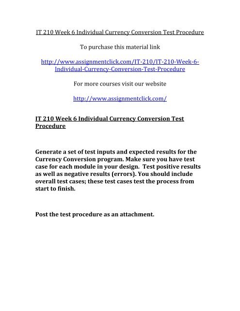 P IT 210 Week 6 Individual Currency Conversion Test Procedure