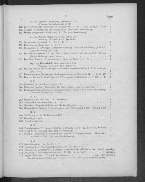 Verzeichnis der Vorlesungen und Übungen samt den Stunden- und Studienplänen Sommersemester 1920