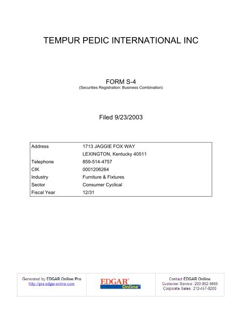 tempur-pedic, inc. tempur production usa, inc. - Shareholder.com