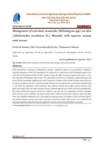 Management of root-knot nematode (Meloidogyne spp.) on okra (Abelmoschus esculuntus (L.) Moench) with aqueous sesame seed extract