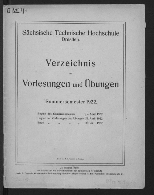 Verzeichnis der Vorlesungen und Übungen Sommersemester 1922