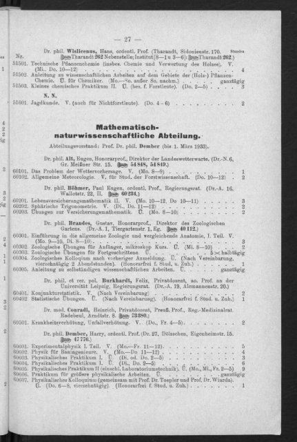 Verzeichnis der vorlesungen und Übungen, Stunden- und Studienpläne Wintersemester 1931/32