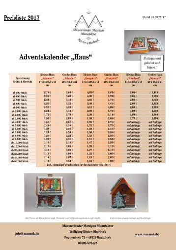 Preisliste Adventskalender Haus 2017