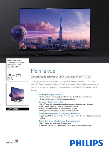 Philips 4900 series T&eacute;l&eacute;viseur LED Smart TV ultra-plat 3D - Fiche Produit - FRA