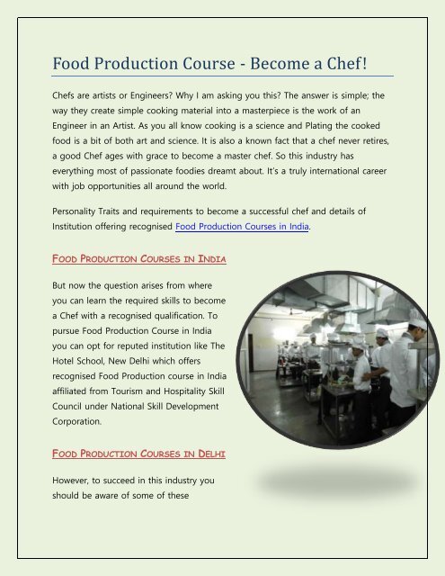 Food Production Courses In India Food Production Courses In India