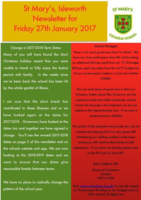 St Mary’s Isleworth Newsletter for Friday 27th January 2017