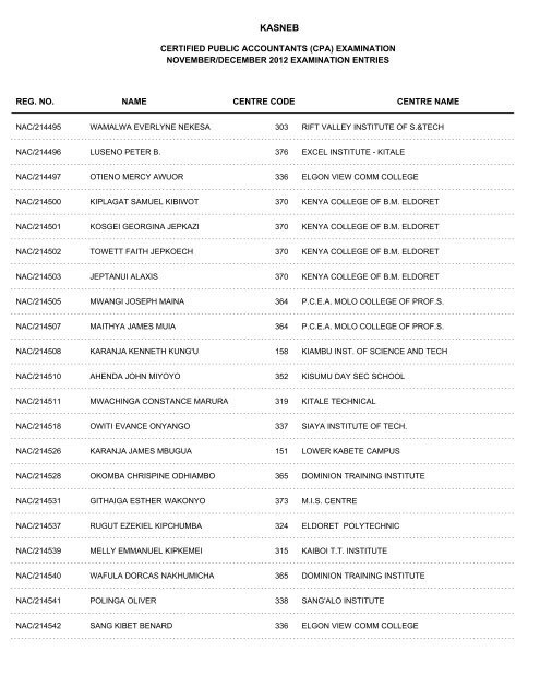 november/december 2012 cpa part i examination entries - Kasneb