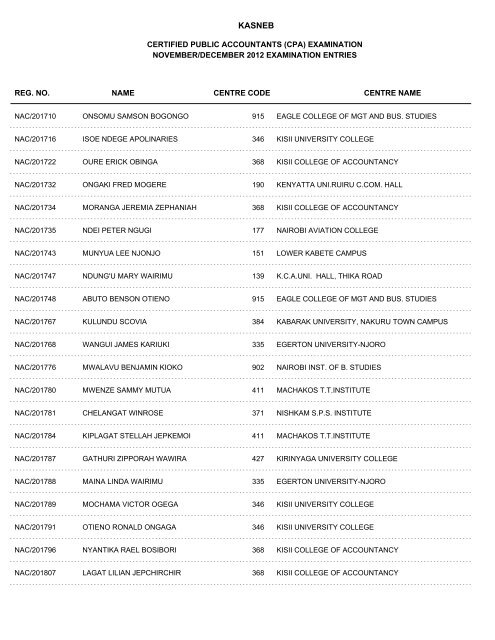 november/december 2012 cpa part i examination entries - Kasneb