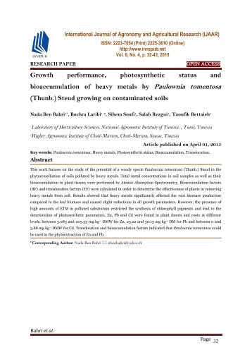 Growth performance, photosynthetic status and bioaccumulation of heavy metals by Paulownia tomentosa (Thunb.) Steud growing on contaminated soils