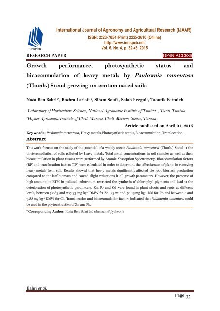 Growth performance, photosynthetic status and bioaccumulation of heavy metals by Paulownia tomentosa (Thunb.) Steud growing on contaminated soils