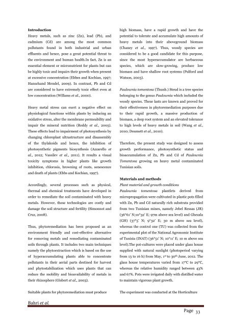 Growth performance, photosynthetic status and bioaccumulation of heavy metals by Paulownia tomentosa (Thunb.) Steud growing on contaminated soils