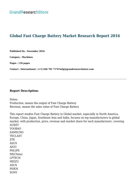 Global Fast Charge Battery Market Research Report 2016