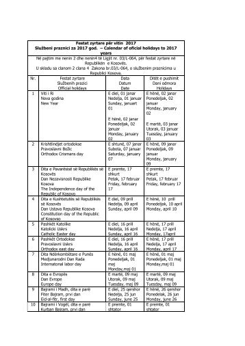 Kalendari i festave zyrtare 2017