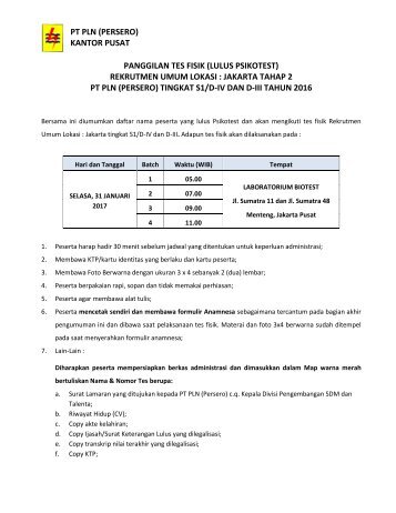 PT PLN (PERSERO) TINGKAT S1/D-IV DAN D-III TAHUN 2016