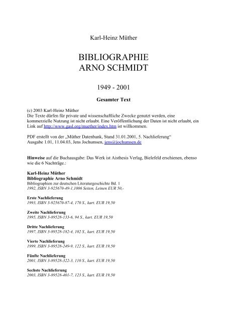 Bibliographie Arno Schmidt. 19492001 - GASL - Gesellschaft der ...