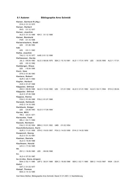 Bibliographie Arno Schmidt. 1949–2001 - GASL - Gesellschaft der ...