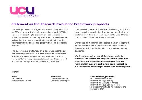 Statement on the Research Excellence Framework proposals - UCU