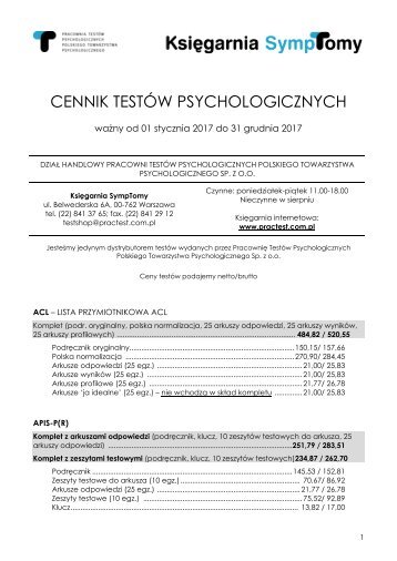 CENNIK TESTÓW PSYCHOLOGICZNYCH