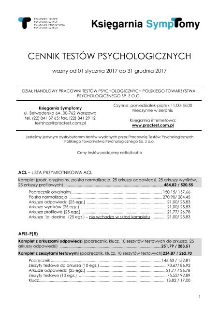 CENNIK TESTÓW PSYCHOLOGICZNYCH