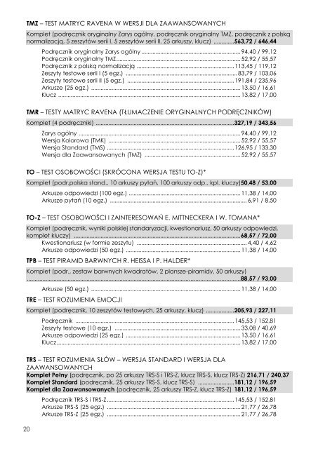 CENNIK TESTÓW PSYCHOLOGICZNYCH