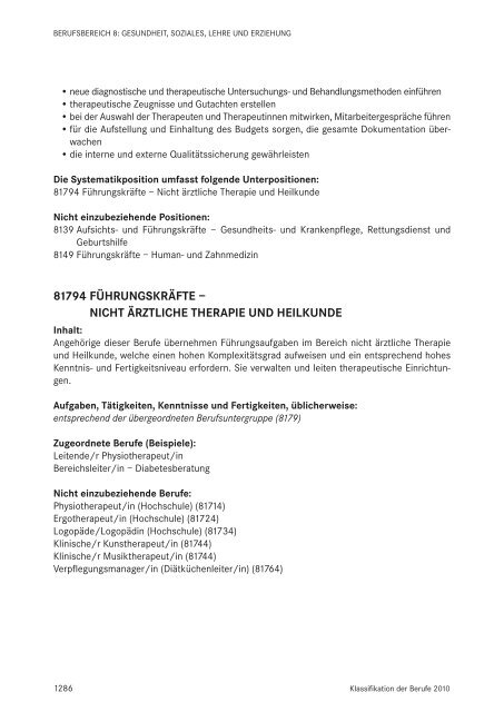 Klassifikation der Berufe 2010 - Statistik der Bundesagentur für Arbeit