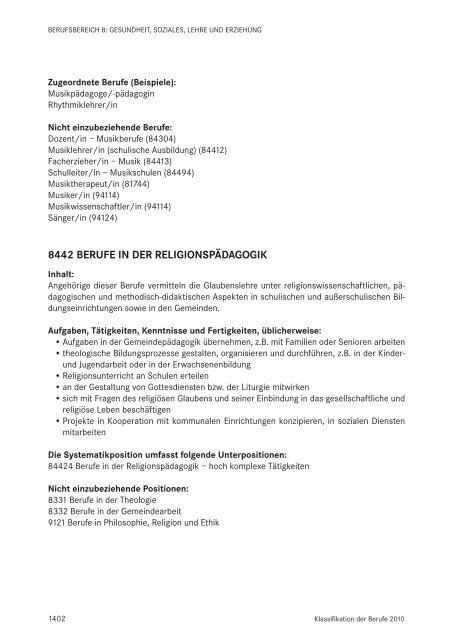 Klassifikation der Berufe 2010 - Statistik der Bundesagentur für Arbeit