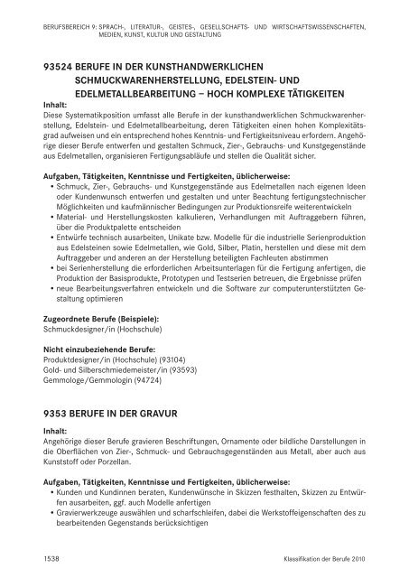 Klassifikation der Berufe 2010 - Statistik der Bundesagentur für Arbeit