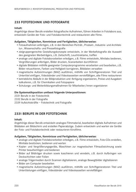 Klassifikation der Berufe 2010 - Statistik der Bundesagentur für Arbeit