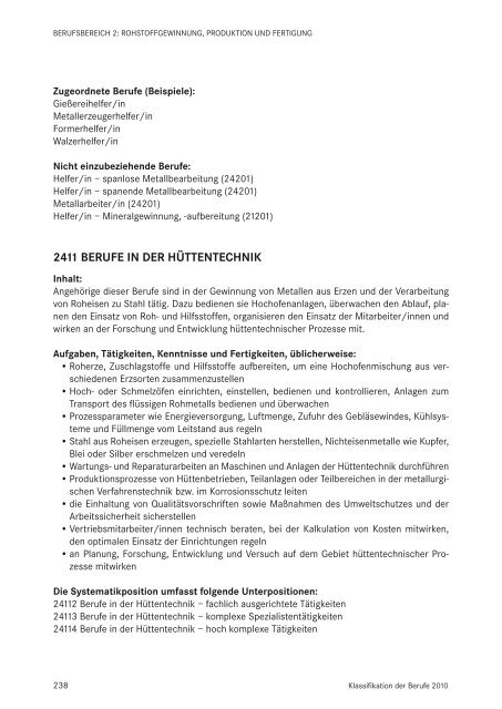 Klassifikation der Berufe 2010 - Statistik der Bundesagentur für Arbeit