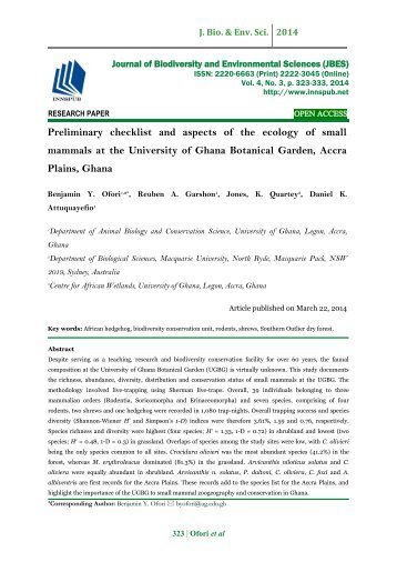 Preliminary checklist and aspects of the ecology of small mammals at the University of Ghana Botanical Garden, Accra Plains, Ghana